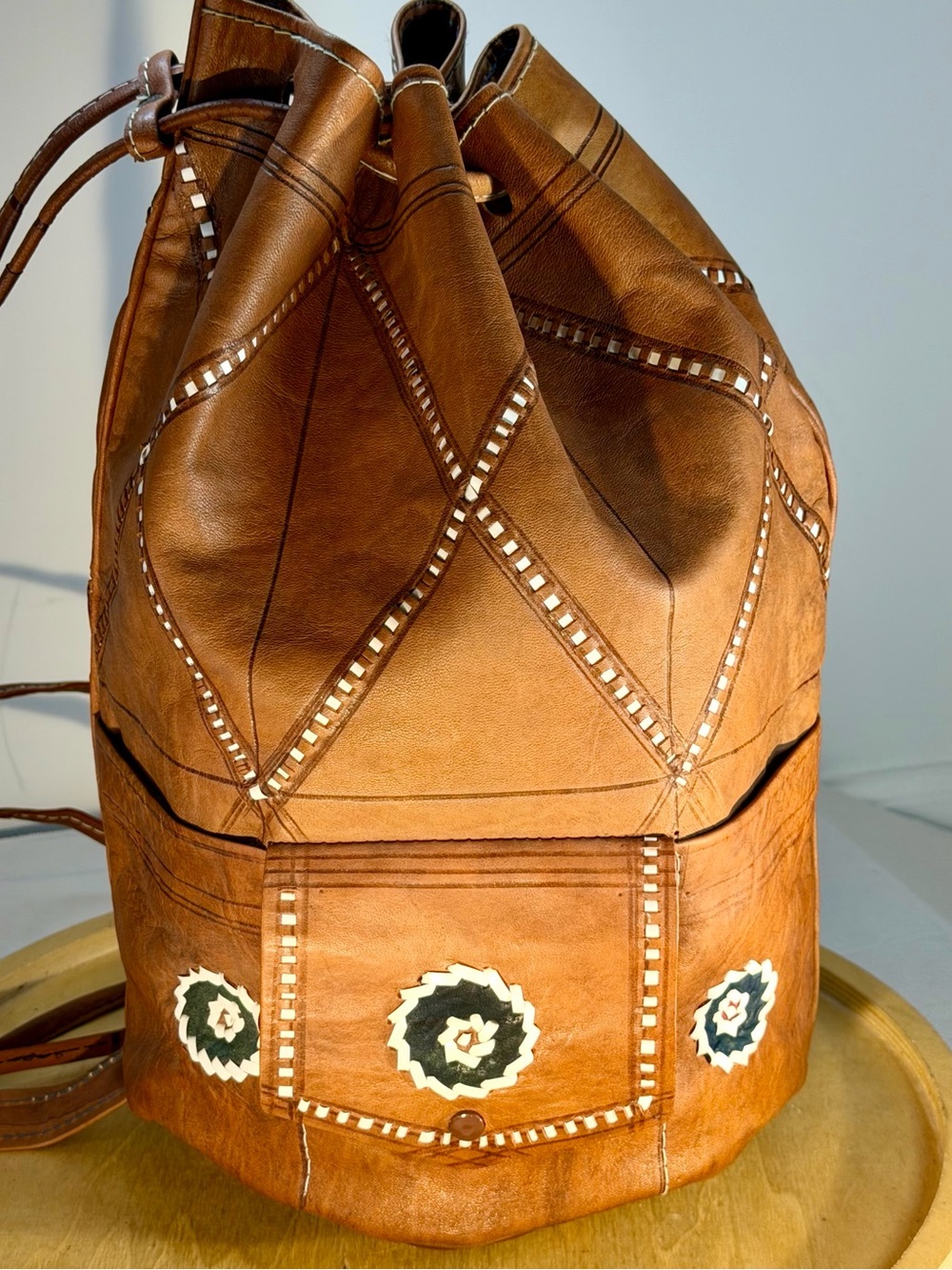 Vintage Handcrafted Moroccan Leather Drawstring Bucket Bag